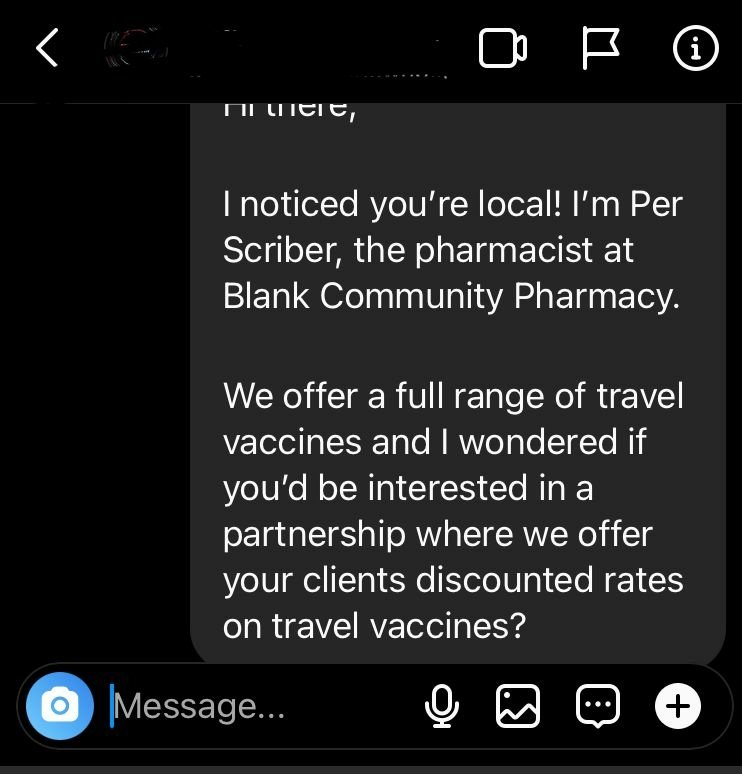 a message on instagram reaching out to an independent travel agent to propose becoming pharmacy partners