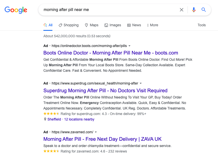 google results for morning after pill near me