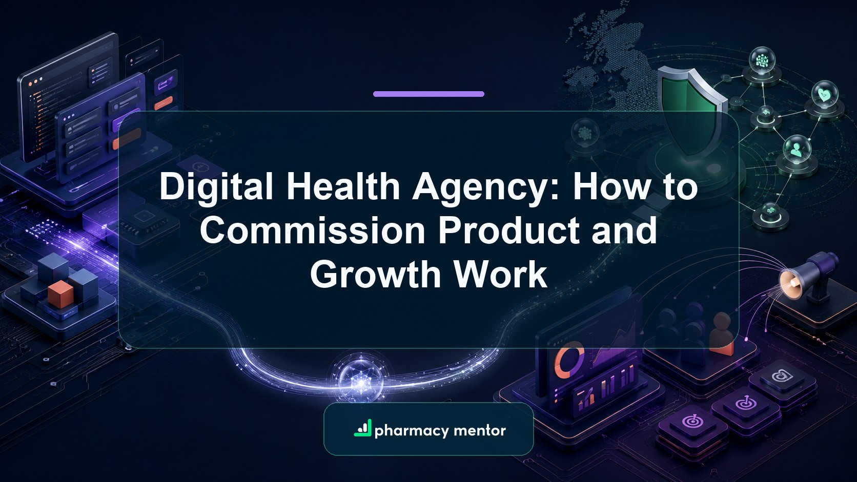 Digital health agency commissioning guide with an illustrated system connecting product design, engineering, assurance, brand, growth and measurement, with Pharmacy Mentor logo