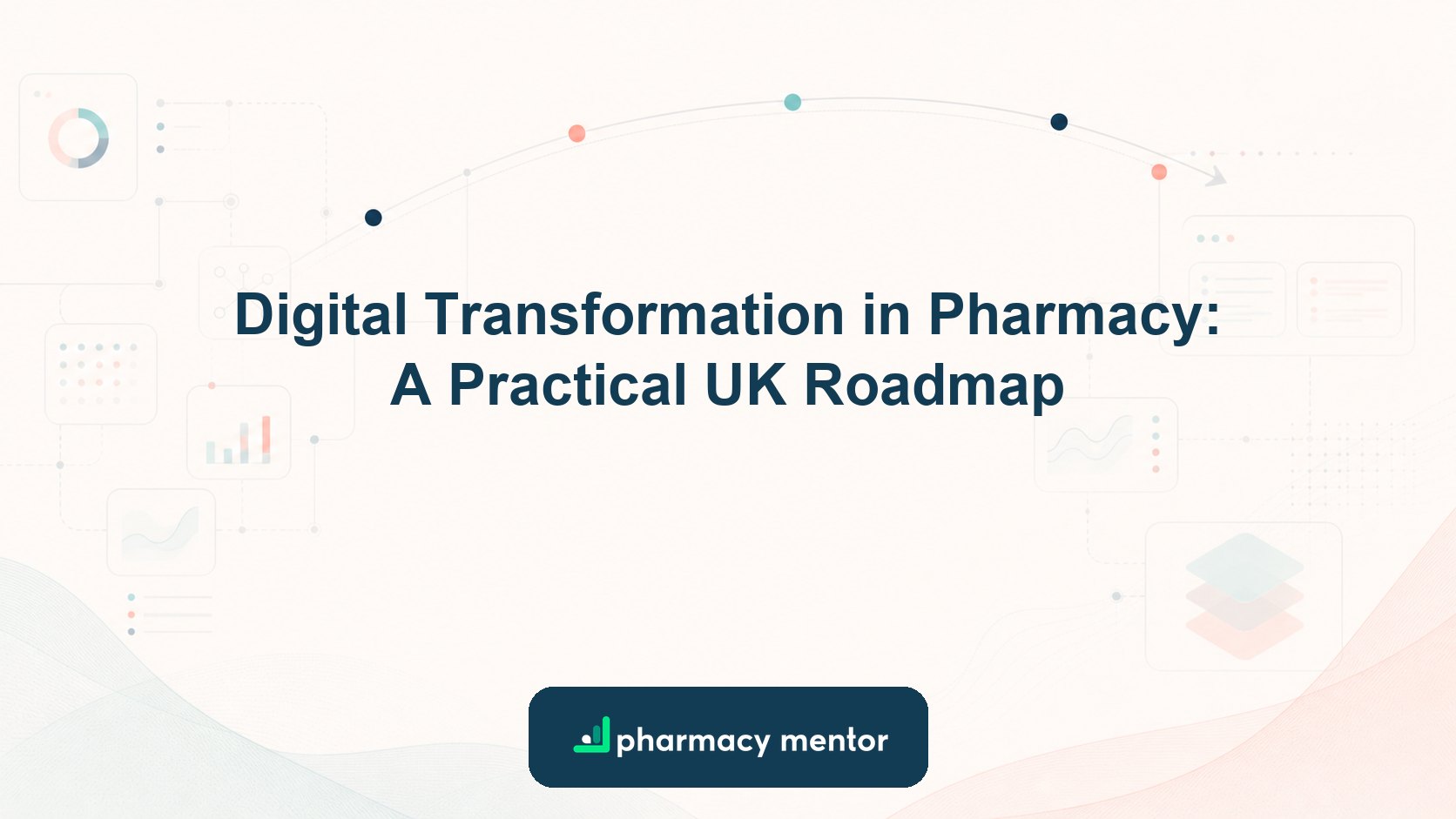 Digital transformation in pharmacy roadmap with a faint connected workflow system and Pharmacy Mentor logo