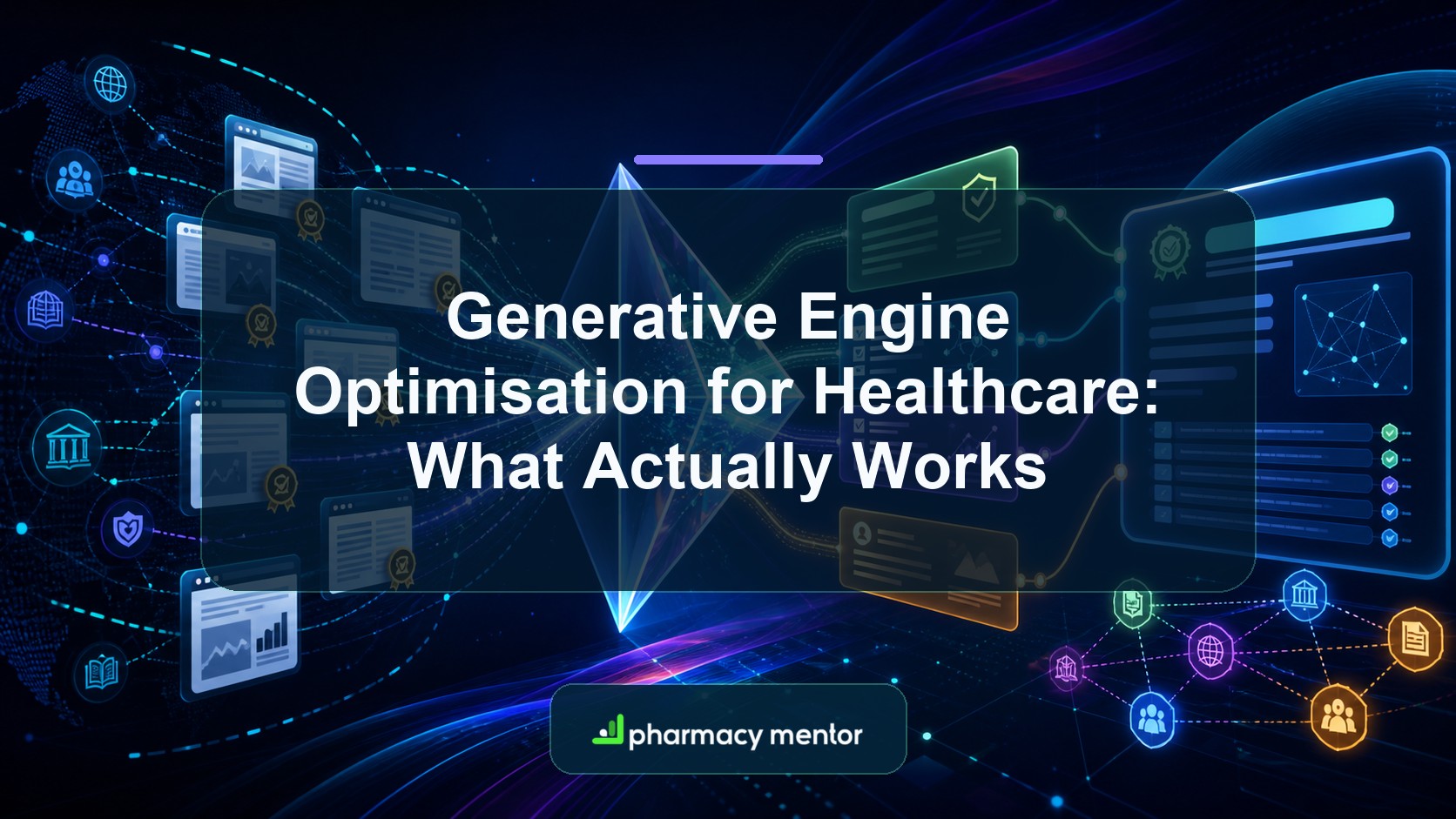 Generative engine optimisation for healthcare guide with an illustrated evidence, search prism, query fan-out and citation network and Pharmacy Mentor logo