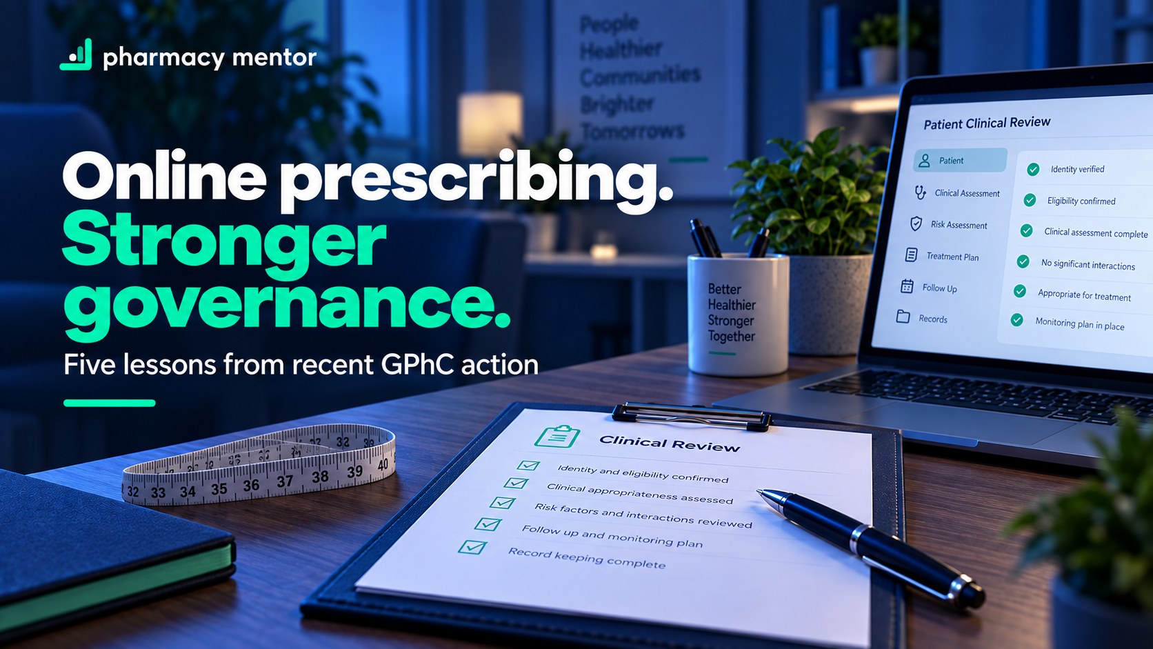 Pharmacy Mentor artwork: Online prescribing. Stronger governance. Five lessons from recent GPhC action.