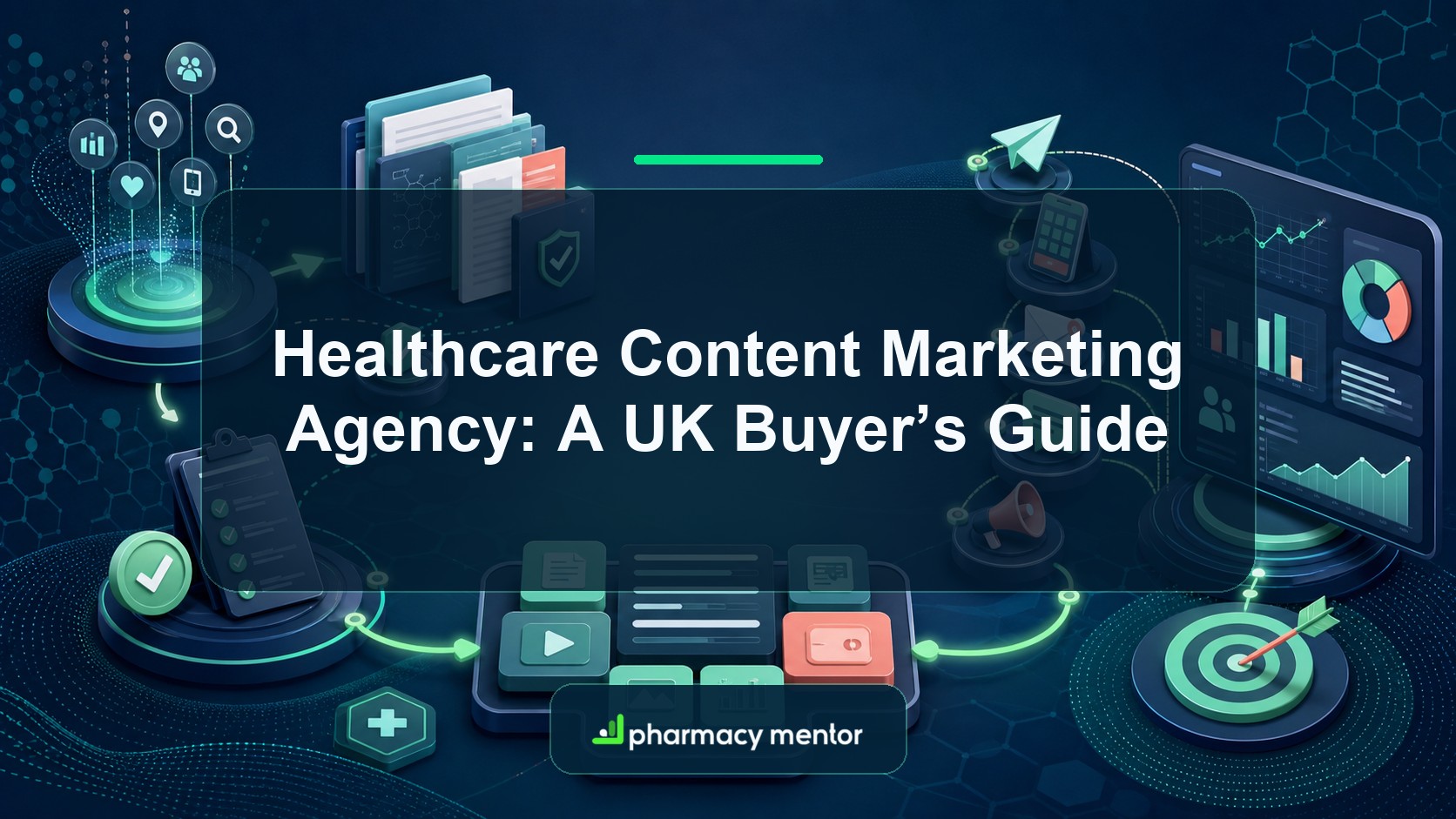 Healthcare content marketing agency buyer’s guide illustrated with a connected research, review, distribution and analytics workflow