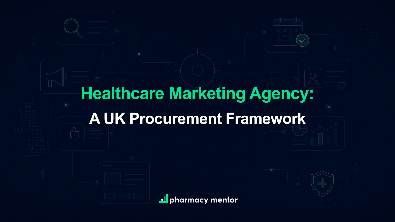 Healthcare marketing agency procurement framework with a faint connected growth system and Pharmacy Mentor logo