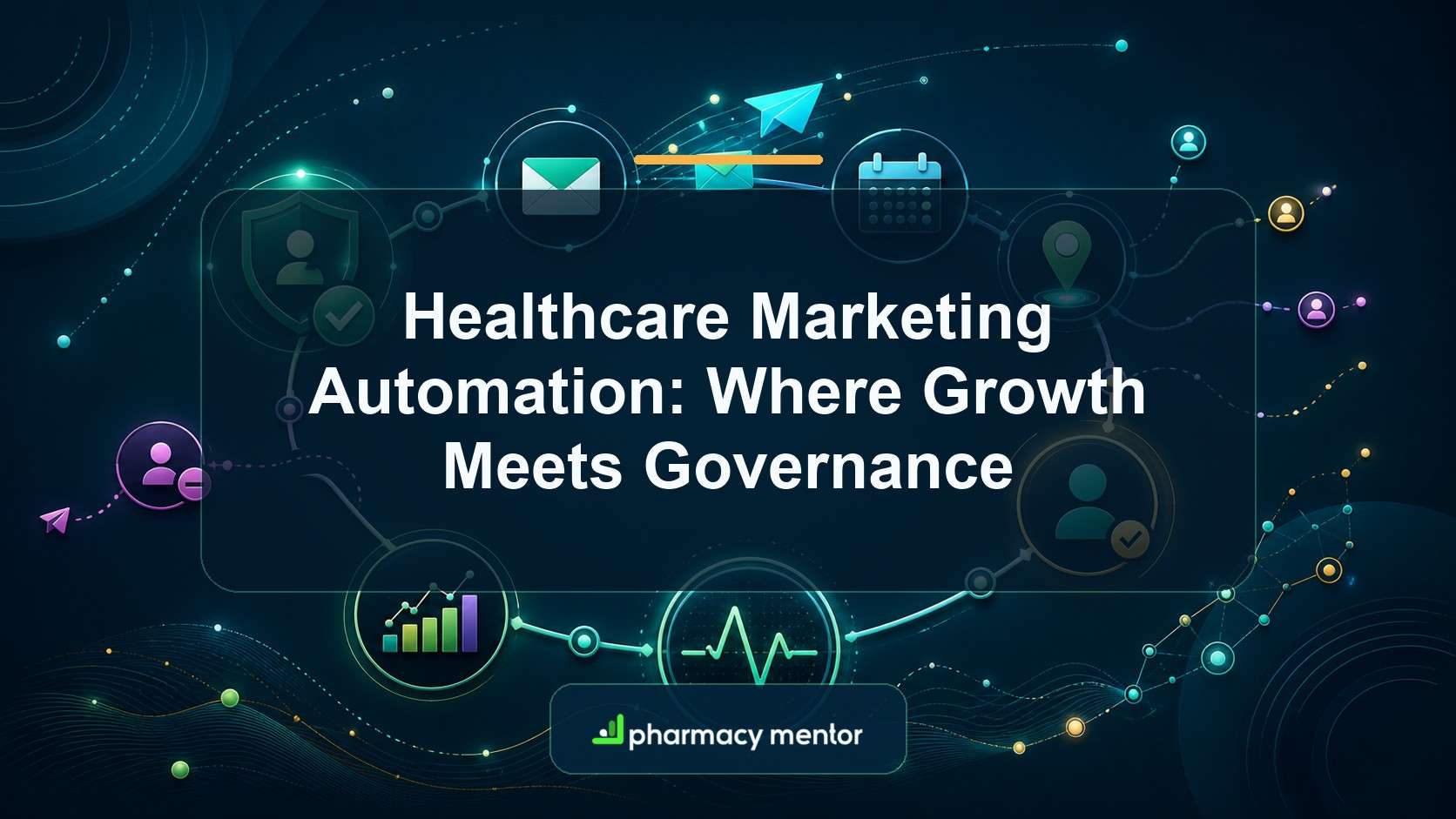 Healthcare marketing automation guide with an illustrated consent, messaging, booking, review and measurement journey and Pharmacy Mentor logo