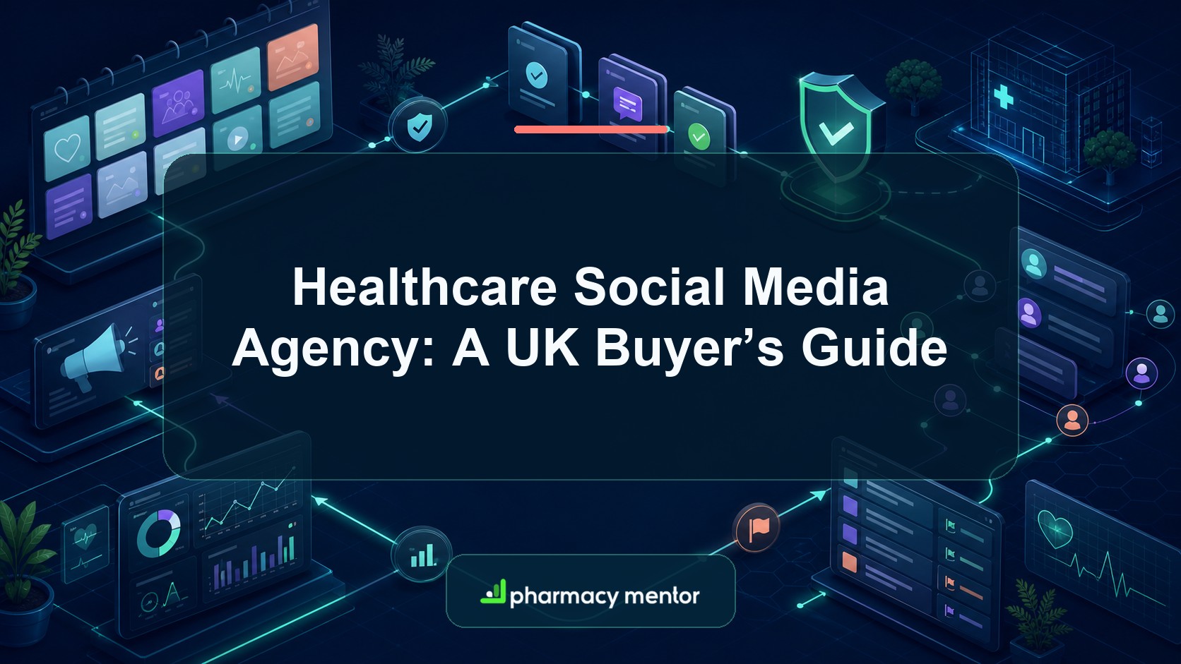 Healthcare social media agency buyer’s guide with an illustrated editorial calendar, approval, moderation, community, paid campaign and analytics system and Pharmacy Mentor logo