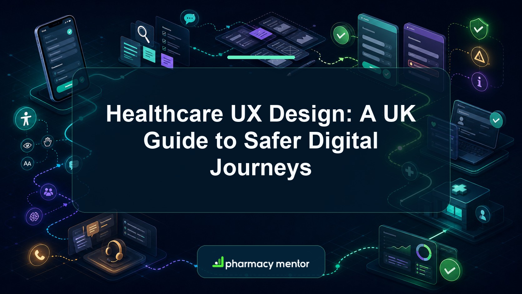 Healthcare UX design guide with an illustrated accessible mobile journey, research, prototypes, error recovery, service hand-offs and Pharmacy Mentor logo