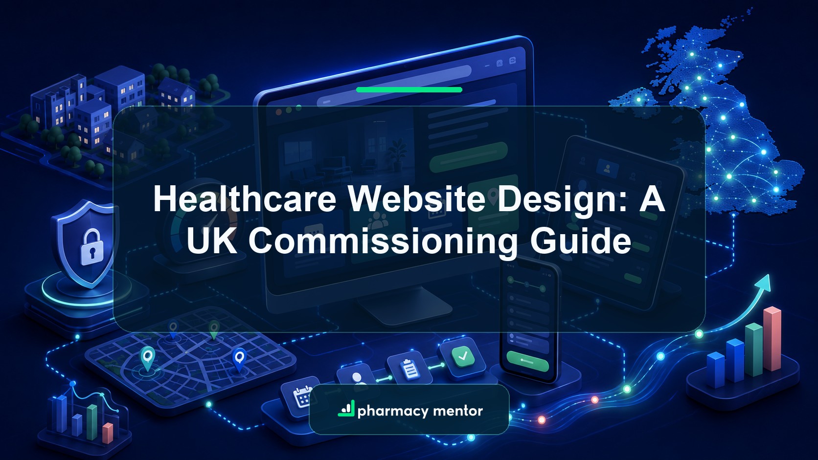 Healthcare website design commissioning guide with an illustrated responsive service journey, booking, accessibility, privacy, local search and analytics system and Pharmacy Mentor logo