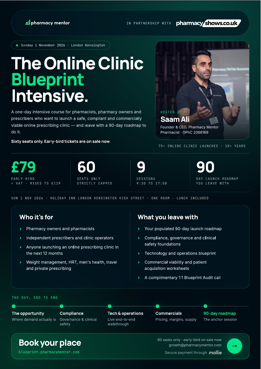Online Clinic Blueprint Intensive course guide PDF cover with Saam Ali, ticket price, agenda themes and 90-day roadmap