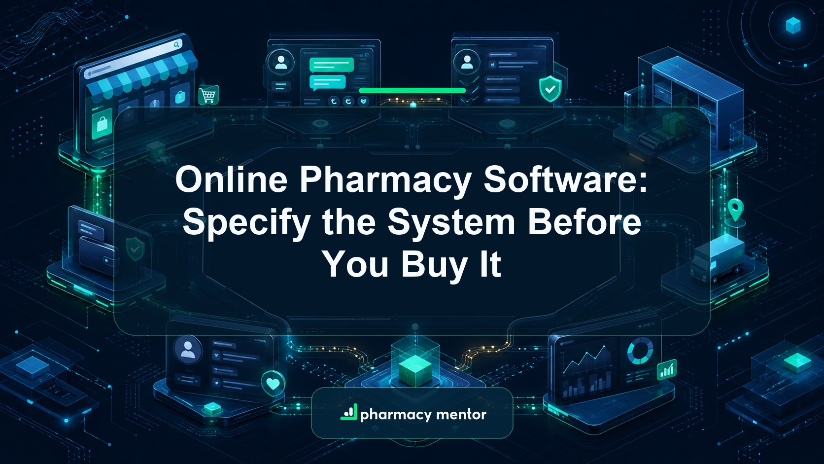 Online pharmacy software buying guide with an illustrated operating system linking ecommerce, patient account, clinical review, fulfilment, delivery, payments and analytics, with Pharmacy Mentor logo