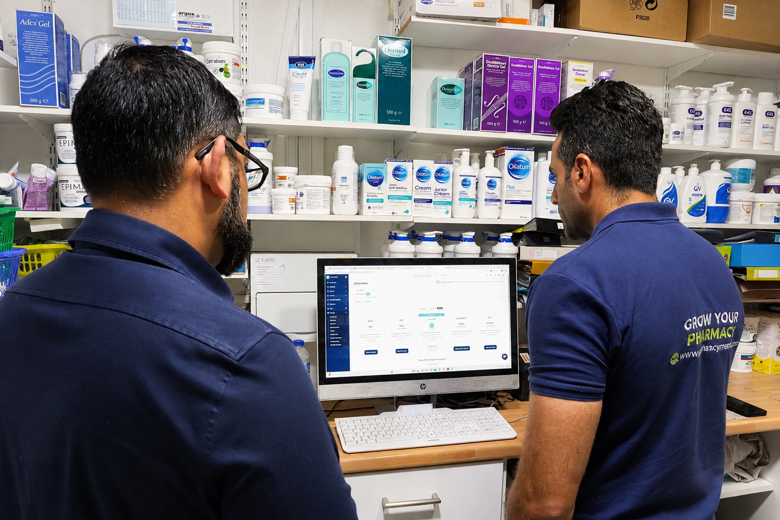Saam Ali training a pharmacy client on an online prescribing clinic dashboard inside a community pharmacy