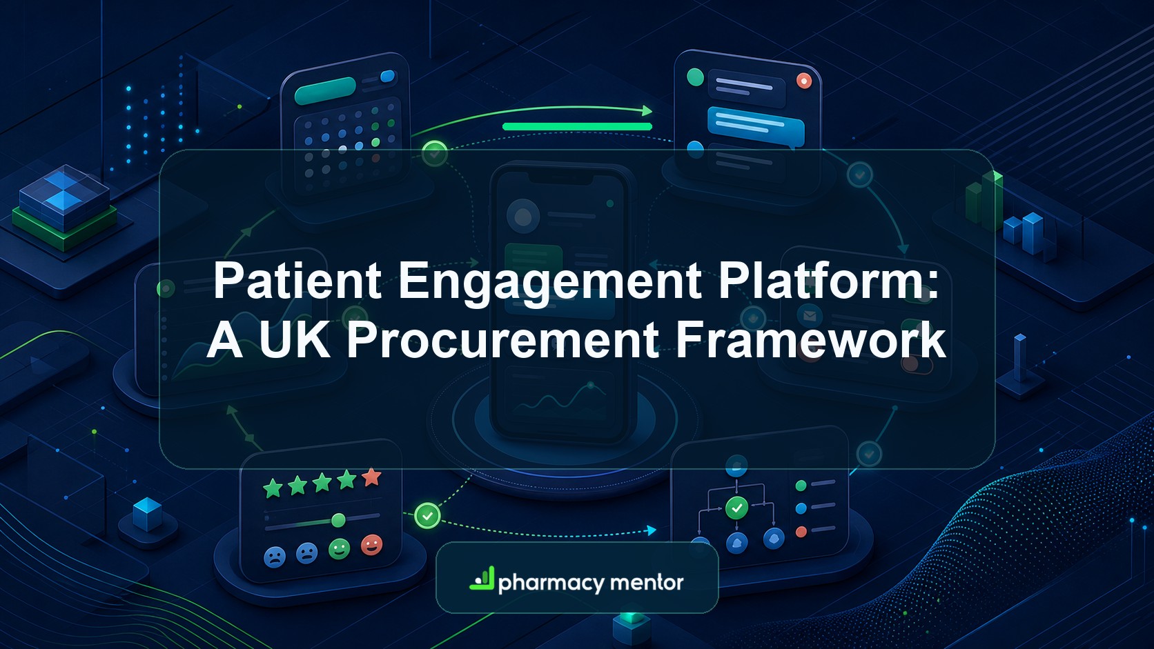 Patient engagement platform procurement framework with an illustrated mobile portal, secure messaging, appointments, preferences, staff workflow and outcome measurement system and Pharmacy Mentor logo