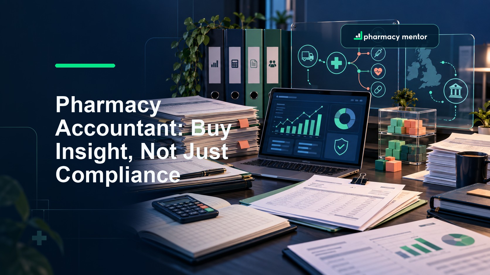 Pharmacy accountant buyer guide with an illustrated pharmacy finance desk, reporting system, stock records and UK operating map, with Pharmacy Mentor logo