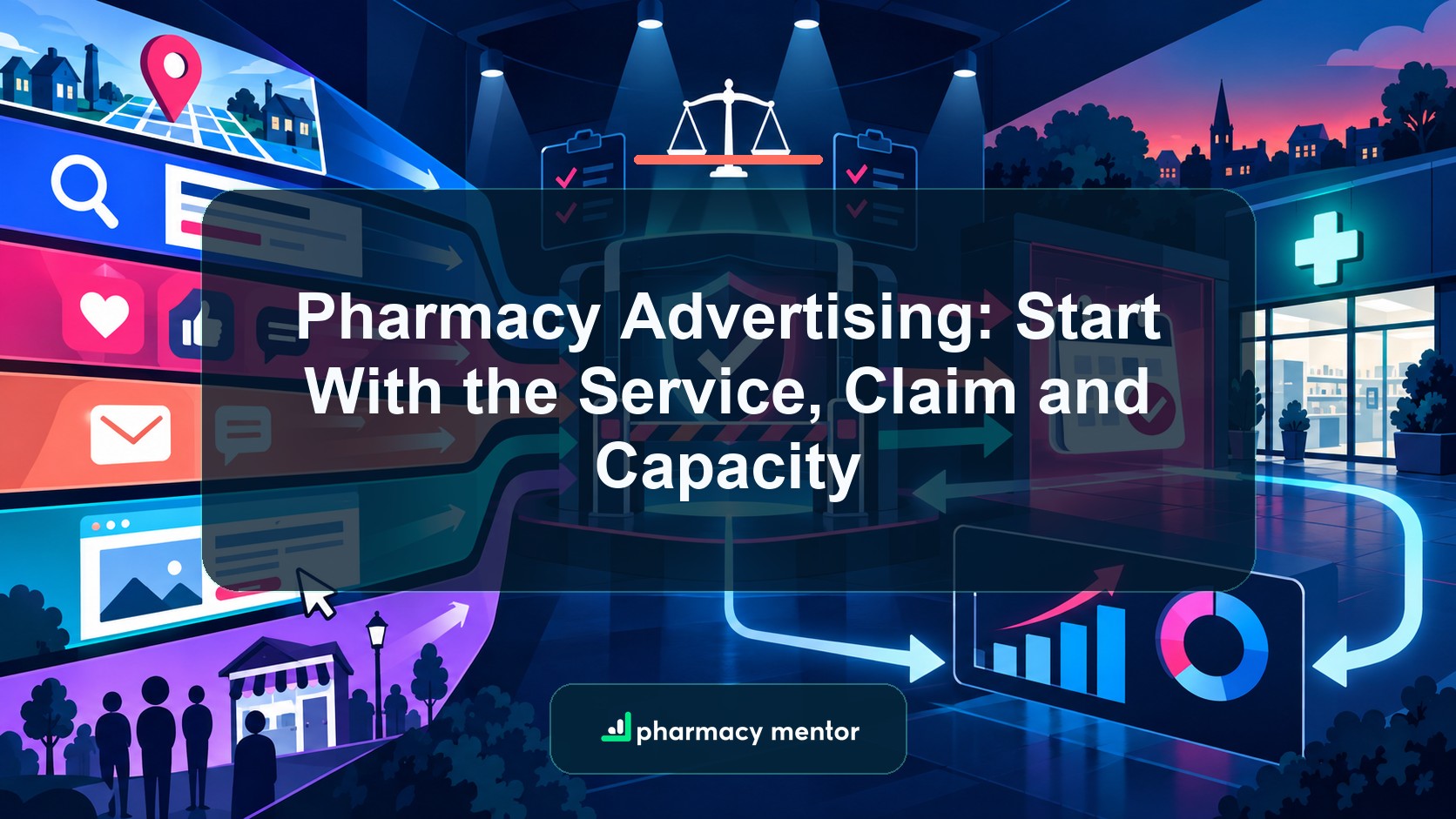 Pharmacy advertising guide with an illustrated campaign control room linking search, social, email, landing pages, governance, bookings and measurement, with Pharmacy Mentor logo