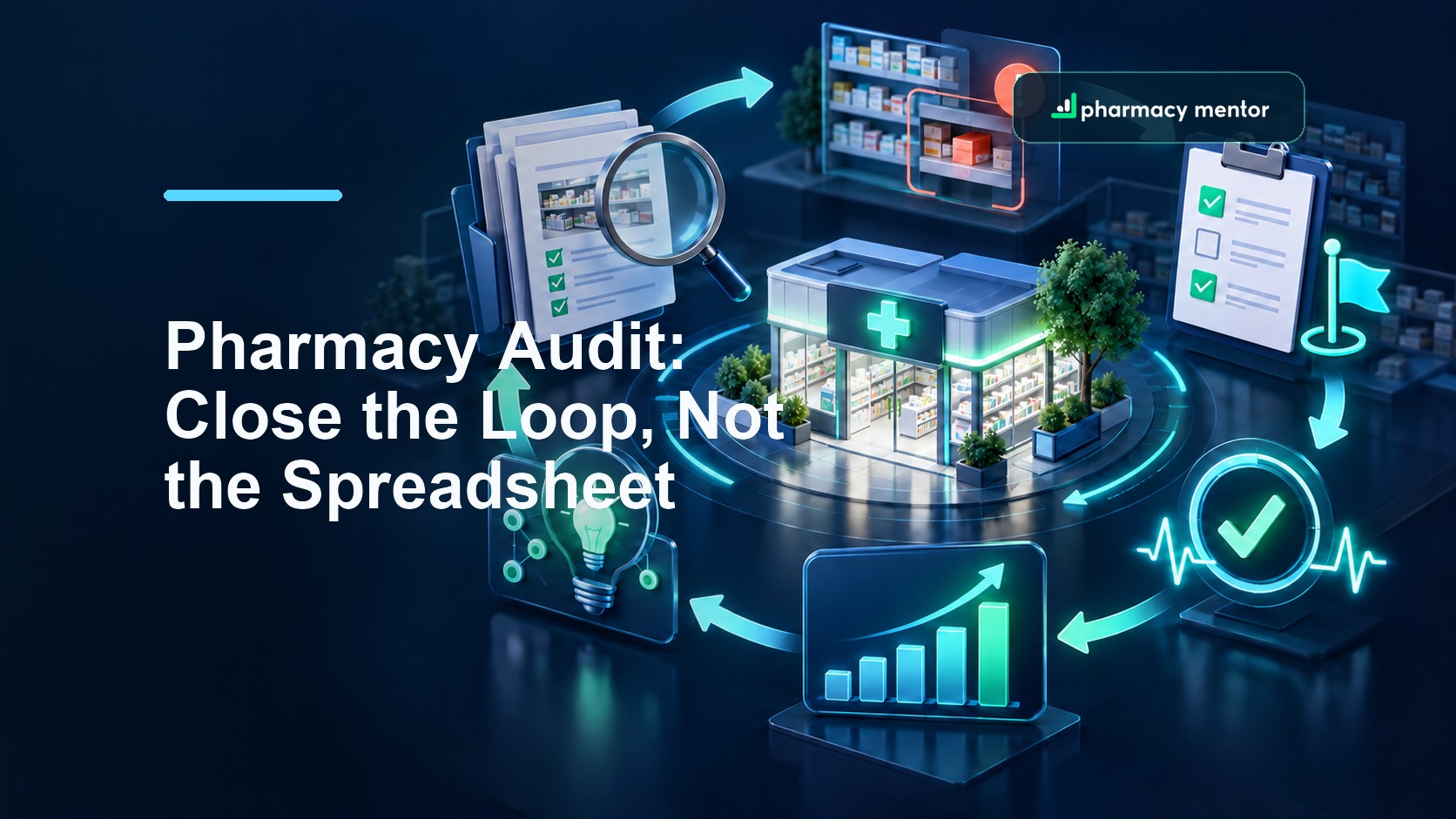 Pharmacy audit guide showing an evidence, finding, action and remeasurement loop around a community pharmacy, with Pharmacy Mentor logo