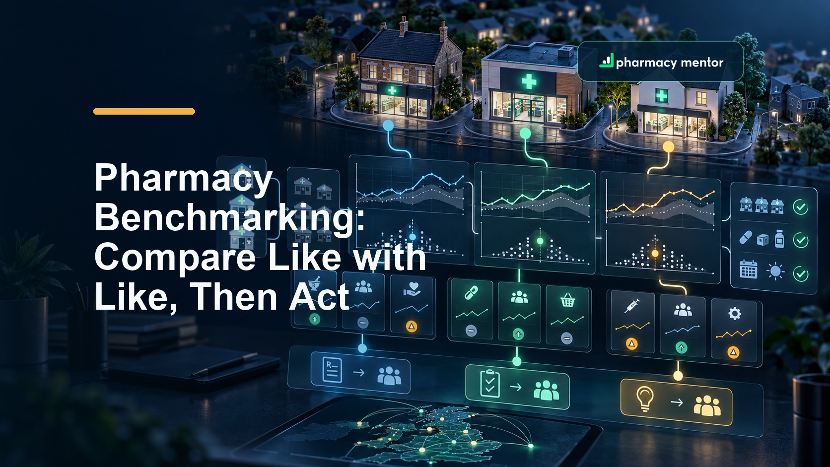 Pharmacy benchmarking guide showing comparable community pharmacies, trend lines, peer distributions, metric definitions and actions, with Pharmacy Mentor logo
