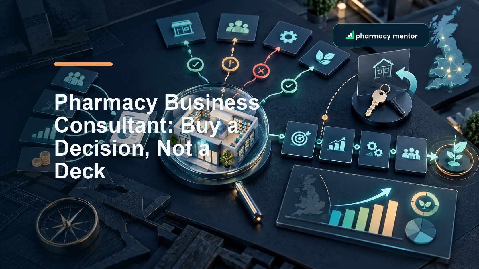 Pharmacy business consultant buyer guide with an illustrated pharmacy strategy system linking evidence, people, operations, growth, ownership transfer and UK market context, with Pharmacy Mentor logo
