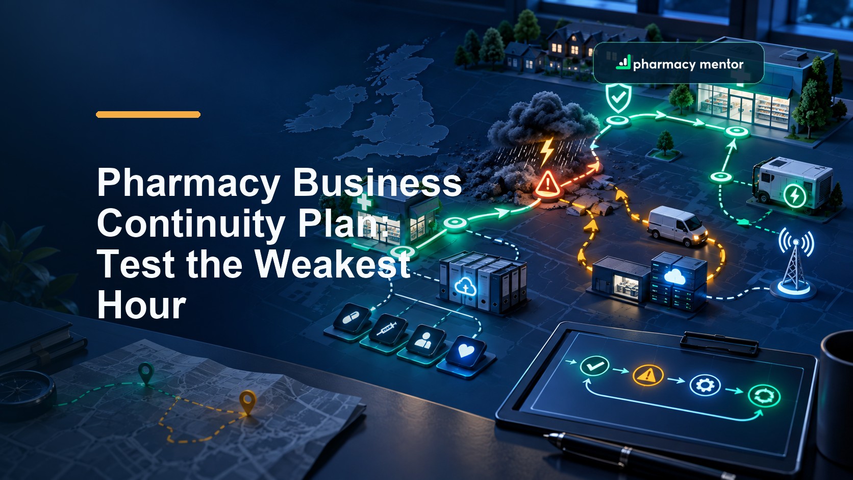 Pharmacy business continuity plan guide showing community pharmacies, a disruption route, backup systems, communications and controlled recovery, with Pharmacy Mentor logo