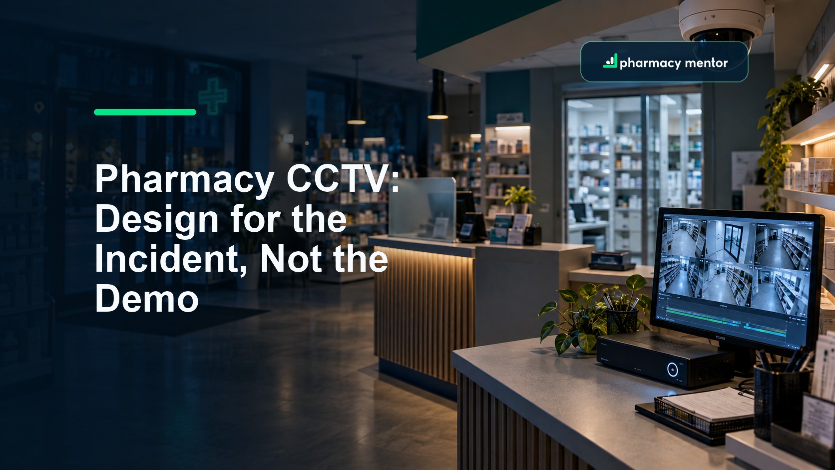 Pharmacy CCTV buyer’s guide showing a community pharmacy, security camera, recorder and monitoring screen, with Pharmacy Mentor logo