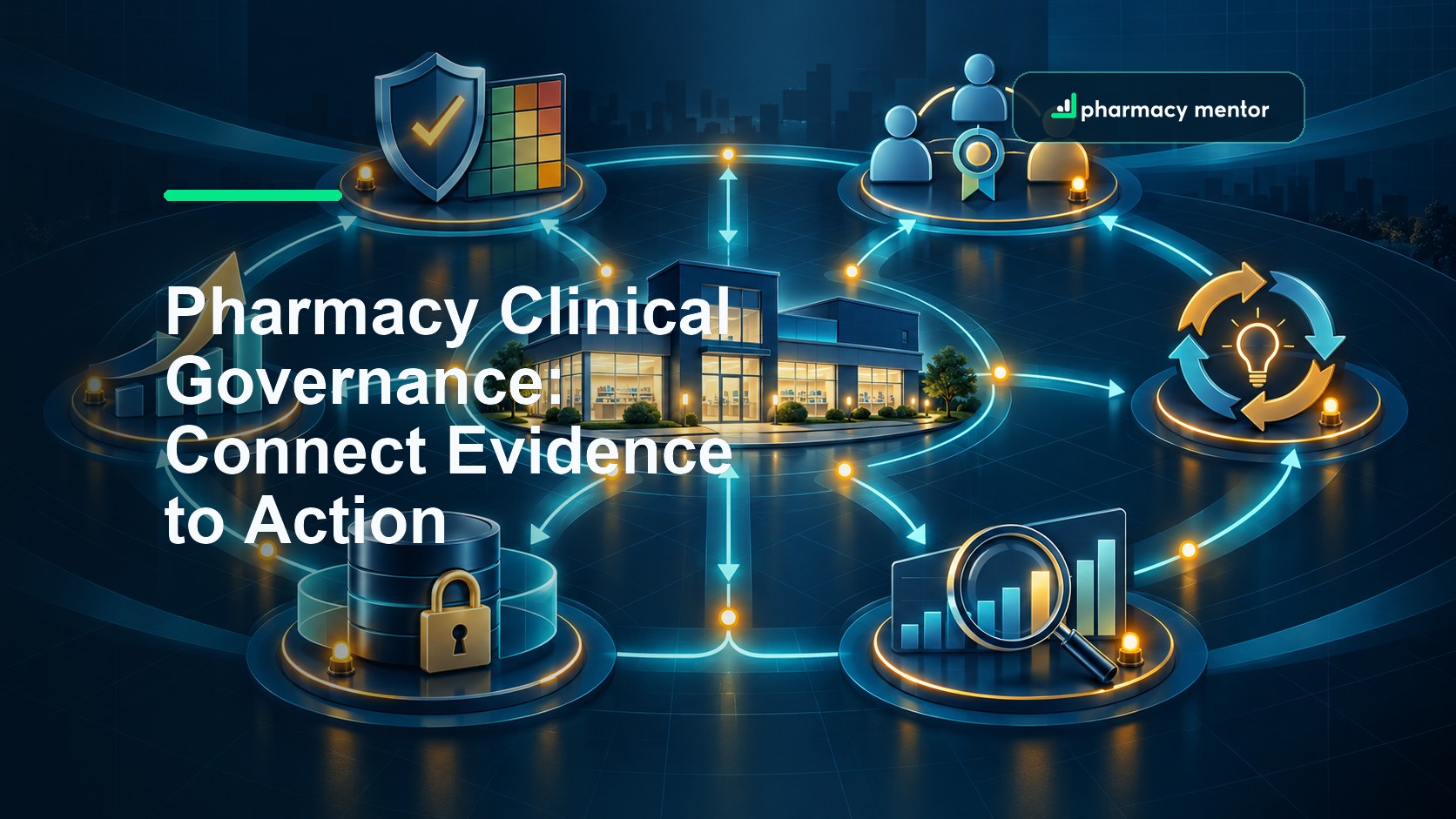 Pharmacy clinical governance guide showing a pharmacy linked to risk, staff competence, incident learning, data protection, audit and service-improvement controls, with Pharmacy Mentor logo