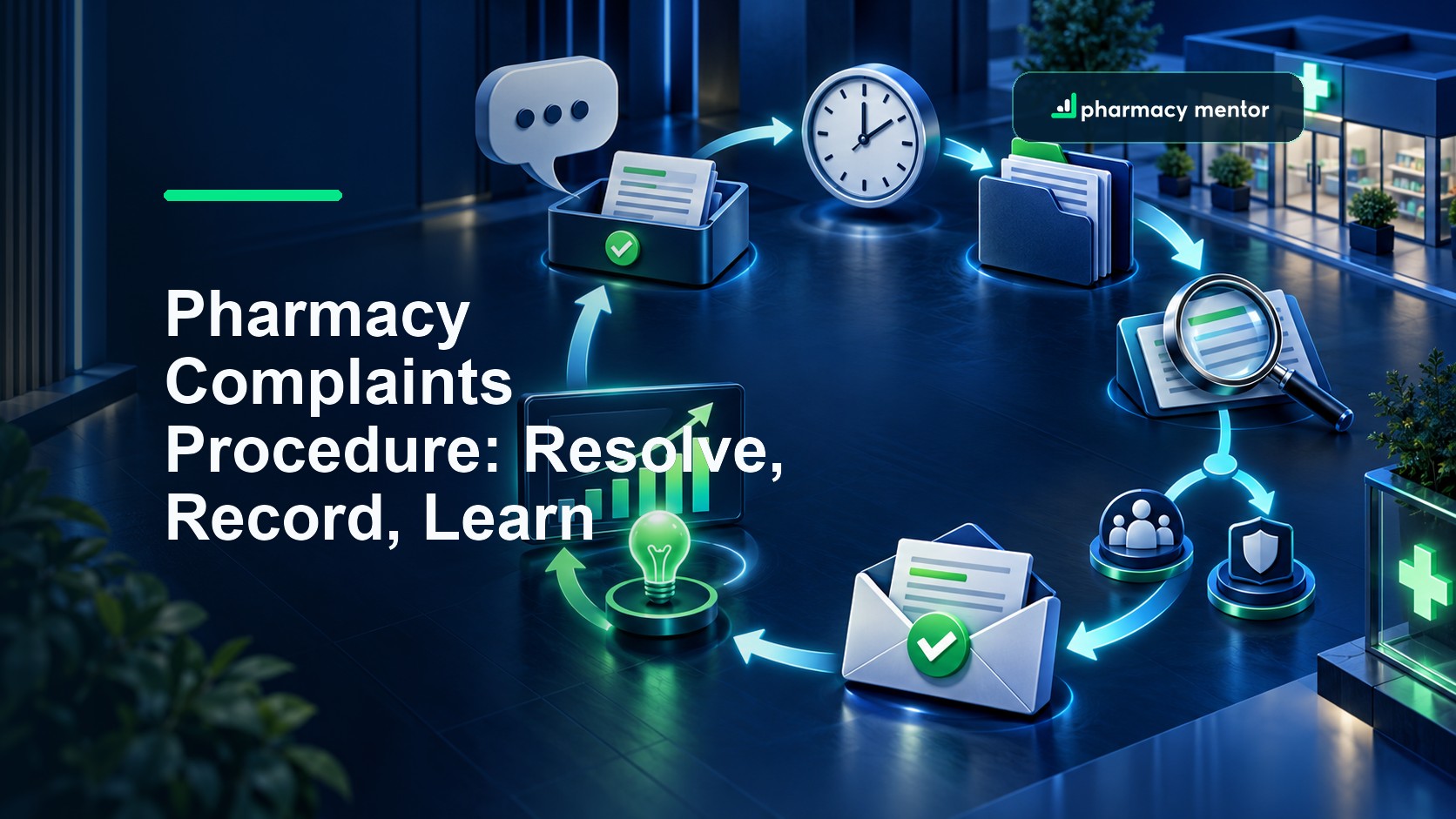 Pharmacy complaints procedure guide showing intake, timing, evidence review, response, escalation and a learning loop, with Pharmacy Mentor logo