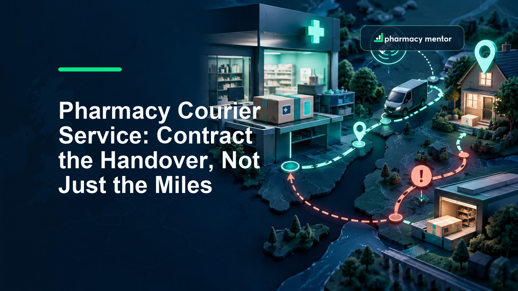 Pharmacy courier service guide showing a community pharmacy, sealed parcel, tracked delivery route, failed-delivery loop and return handover, with Pharmacy Mentor logo