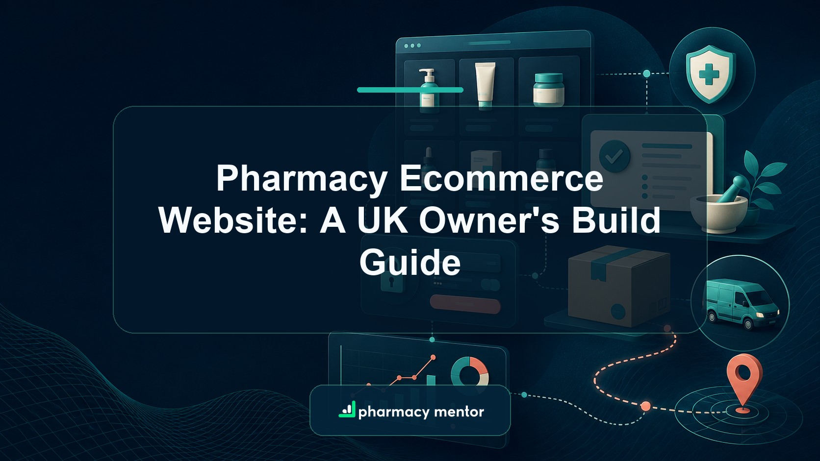 Pharmacy ecommerce website guide with an illustrated product catalogue, pharmacist review boundary, secure checkout, fulfilment and analytics system and Pharmacy Mentor logo