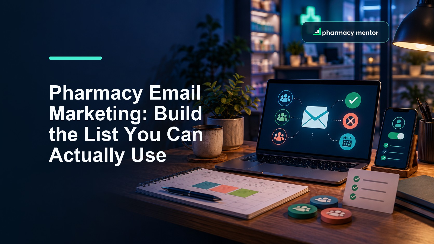Pharmacy email marketing guide over a photo-led pharmacy workspace showing audience segments, consent, campaigns and booking cues, with Pharmacy Mentor logo