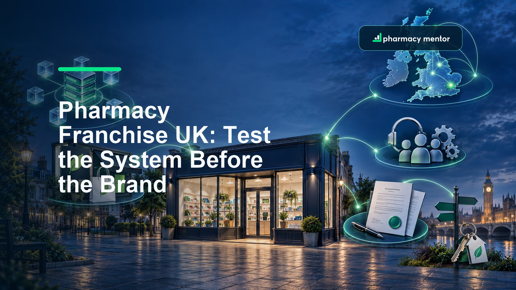 Pharmacy franchise UK guide showing an independent pharmacy connected to brand standards, territory, support and contract decisions, with Pharmacy Mentor logo