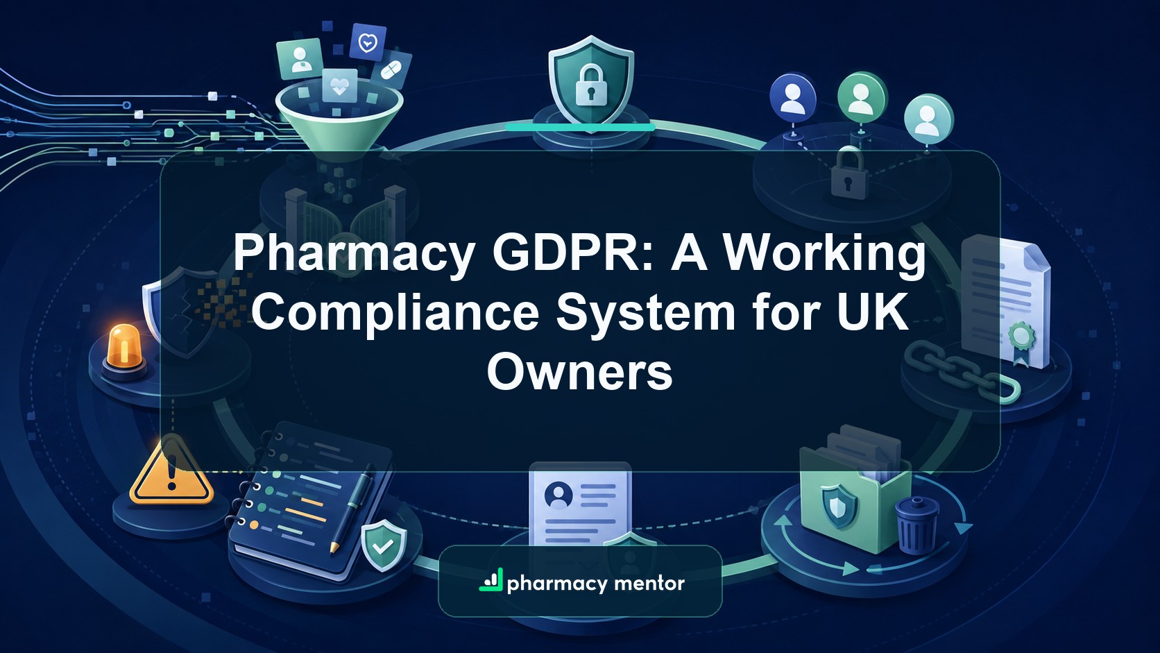 Pharmacy GDPR guide with an illustrated privacy system for purpose limitation, access control, supplier contracts, retention, rights and incident response, with Pharmacy Mentor logo