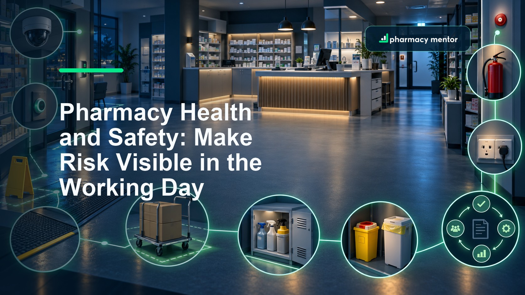 Pharmacy health and safety guide showing a community pharmacy control map for workplace hazards, emergency routes and incident learning, with Pharmacy Mentor logo