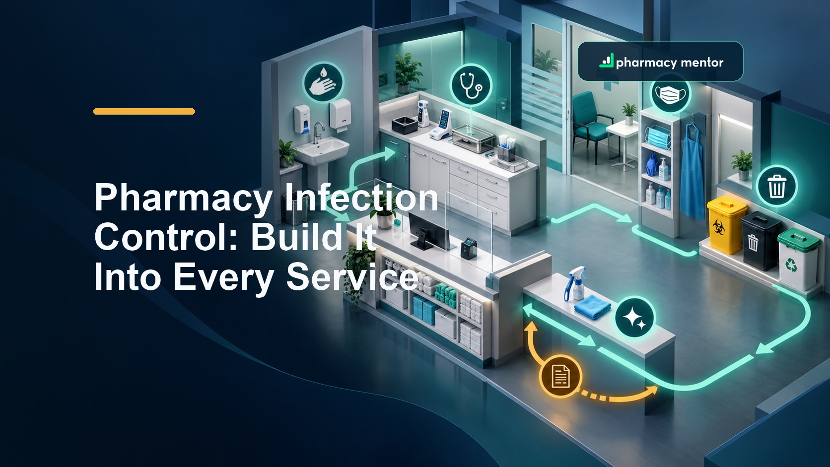Pharmacy infection control guide showing hand hygiene, consultation equipment, cleaning, protective equipment and segregated waste linked in one workflow, with Pharmacy Mentor logo