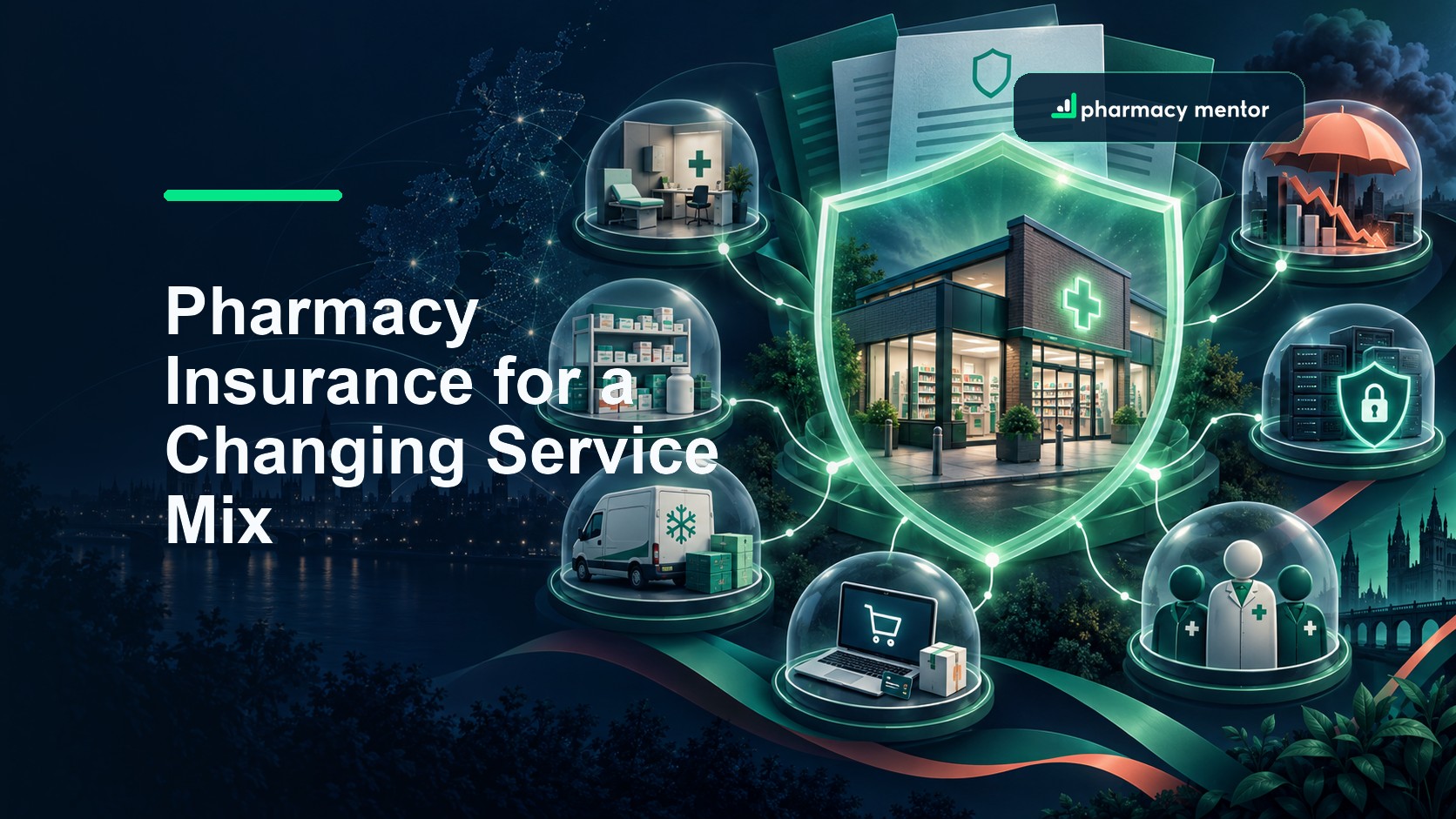 Pharmacy insurance guide with an illustrated protected pharmacy connected to clinical services, stock, delivery, ecommerce, staff and cyber systems, with Pharmacy Mentor logo