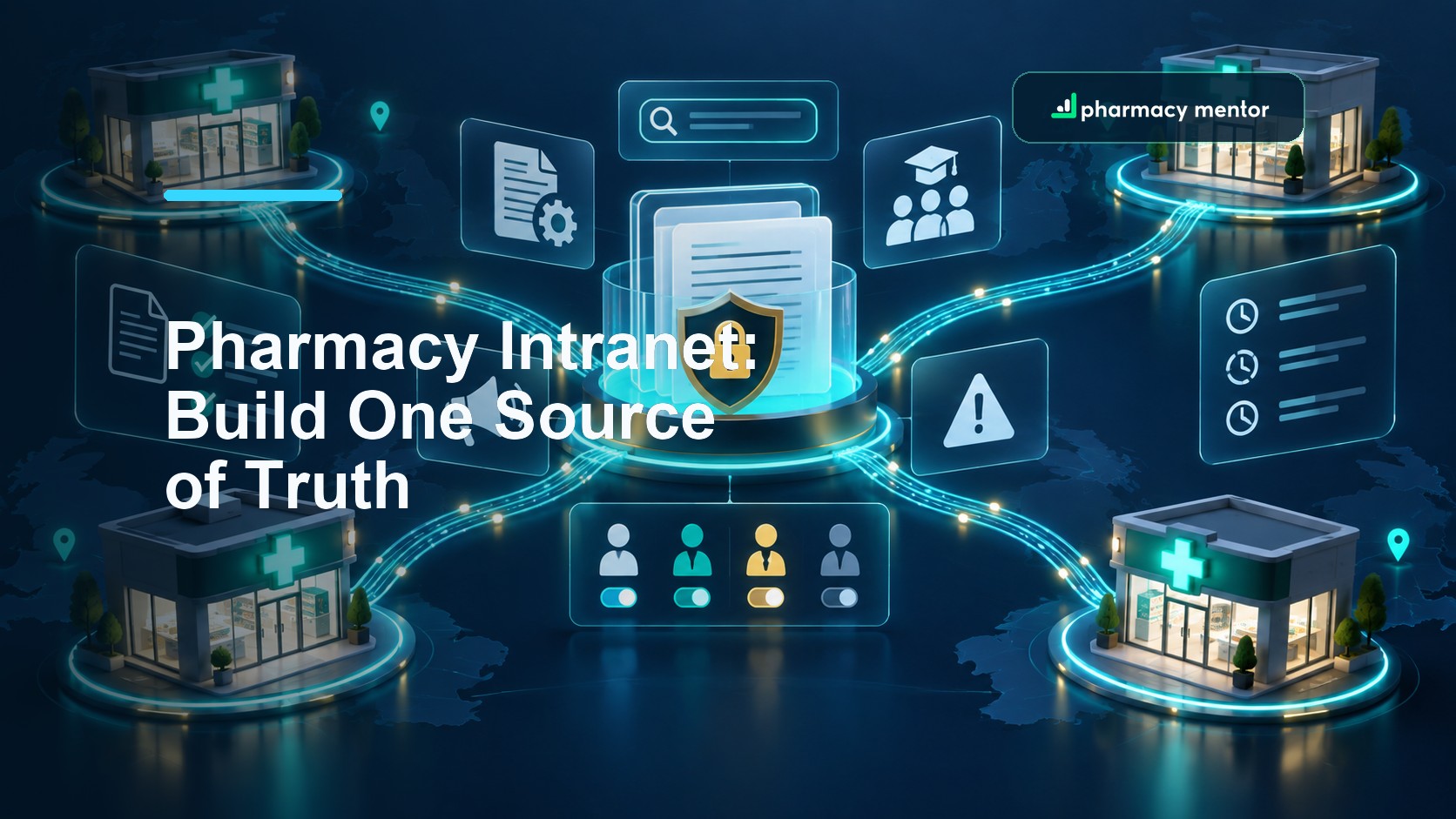 Pharmacy intranet guide with an illustrated secure knowledge hub connecting branch pharmacies, SOPs, training, updates, alerts and user roles, with Pharmacy Mentor logo