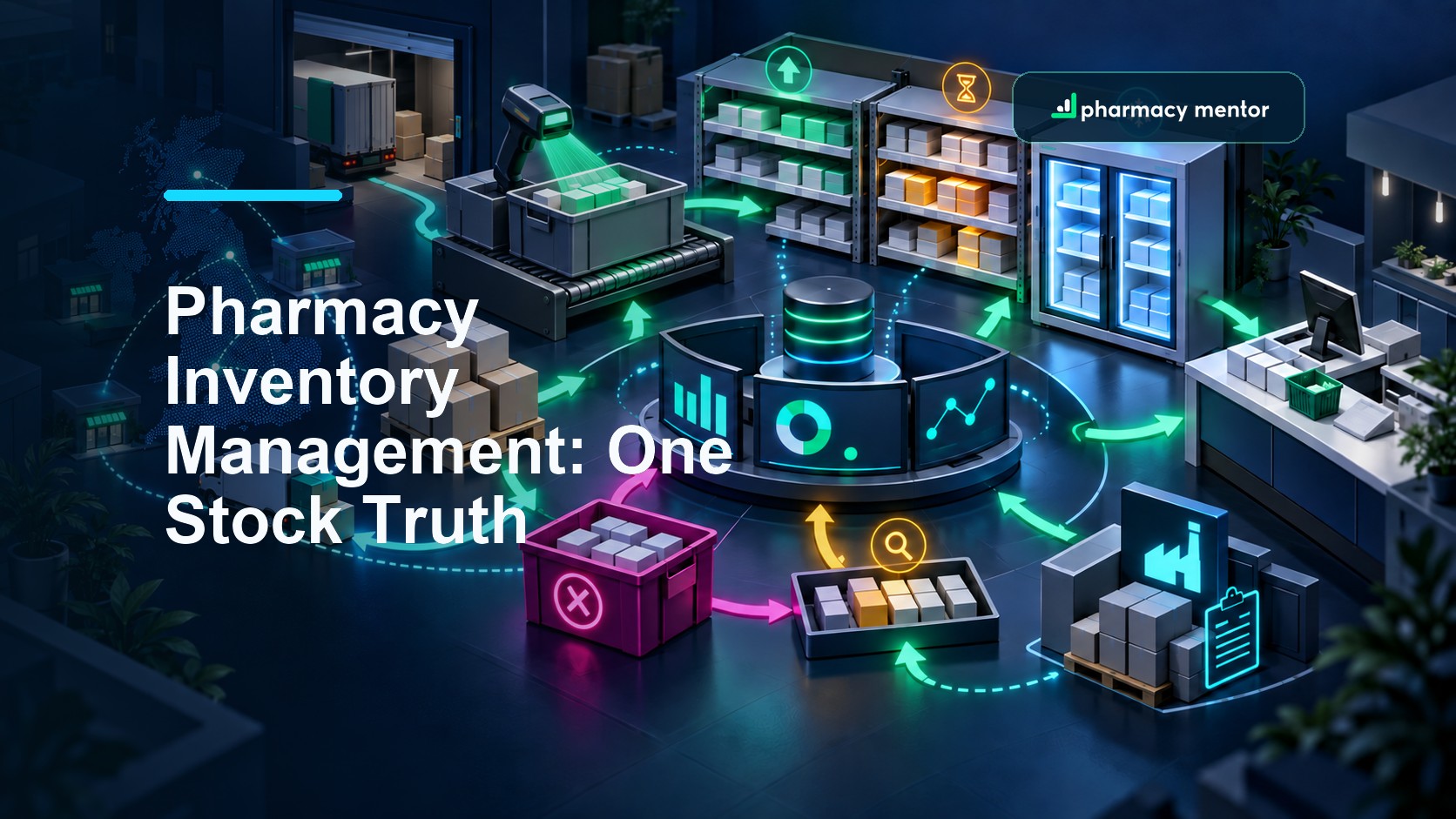 Pharmacy inventory management guide with an illustrated stock flow connecting goods-in, scanning, shelves, cold storage, expiry, quarantine, transfers and operational dashboards, with Pharmacy Mentor logo