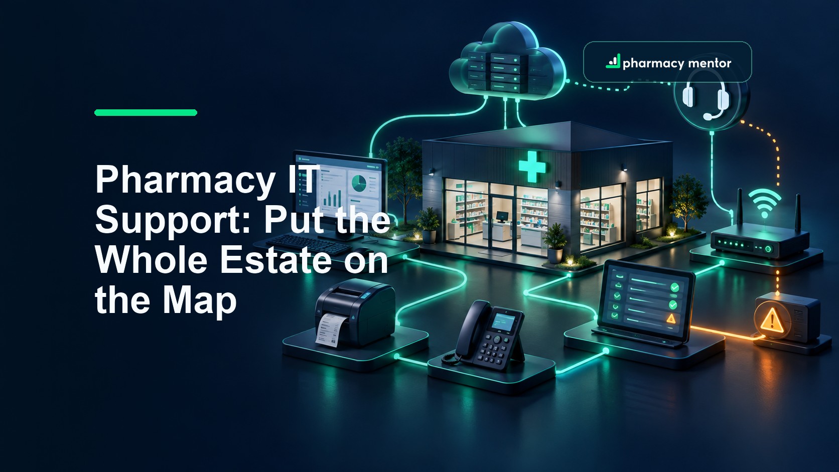 Pharmacy IT support guide showing a community pharmacy connected to cloud backup, helpdesk, network, phone, printer and monitoring systems, with Pharmacy Mentor logo