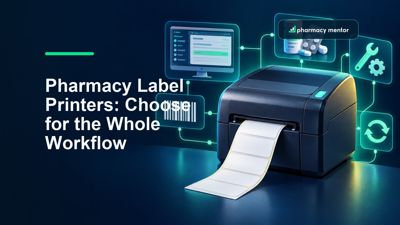 Pharmacy label printer buyer’s guide with an illustrated dispensing label workflow, PMR screen, barcode, maintenance and supply controls, with Pharmacy Mentor logo