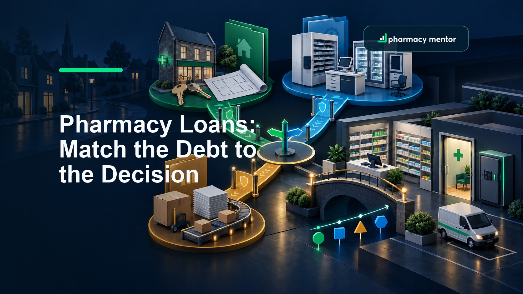 Pharmacy loans guide with an illustrated decision system linking acquisition, equipment and working-capital routes to evidence, risk gates and a community pharmacy, with Pharmacy Mentor logo