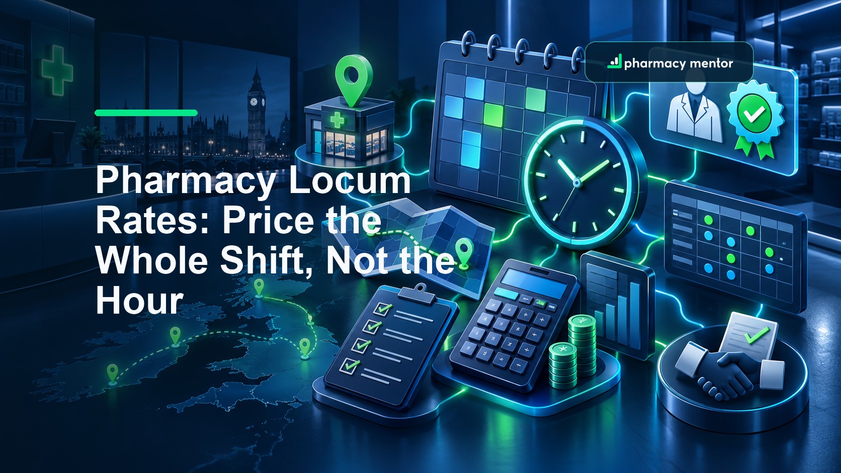 Pharmacy locum rates guide showing a shift calendar, clock, branch route, verified pharmacist, induction checklist and whole-shift cost model, with Pharmacy Mentor logo