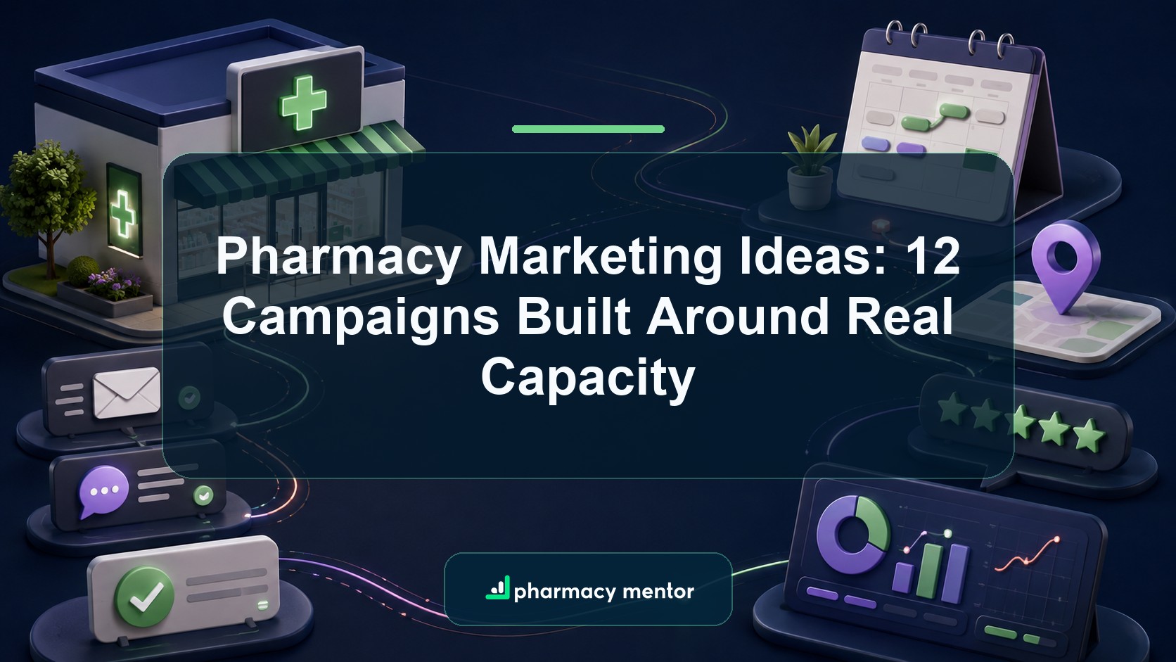 Pharmacy marketing ideas guide with an illustrated campaign system connecting local discovery, service capacity, bookings, follow-up and measurement, with Pharmacy Mentor logo