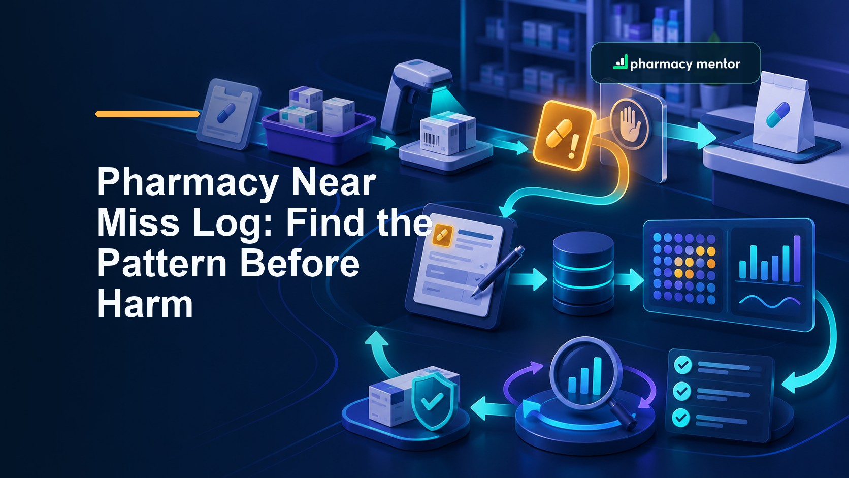 Pharmacy near miss log guide showing a dispensing issue intercepted, recorded, analysed and fed back into safer controls, with Pharmacy Mentor logo