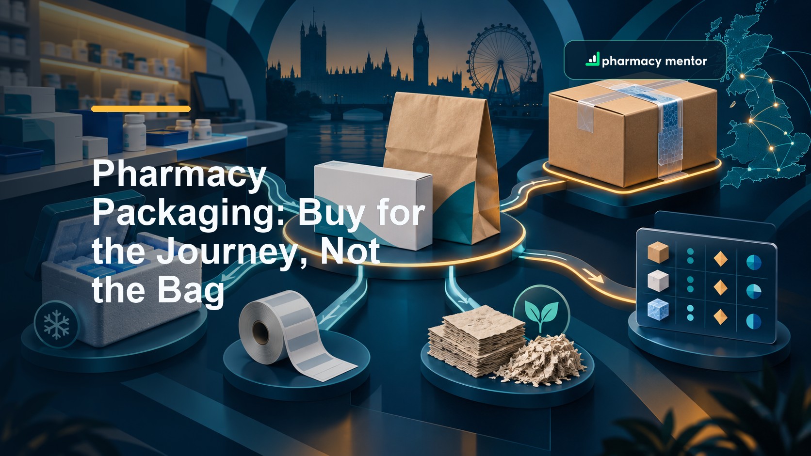 Pharmacy packaging buyer’s guide showing a medicine carton, paper bag, secure parcel, cold-chain container, label roll, recycled fibre and supplier comparison system, with Pharmacy Mentor logo
