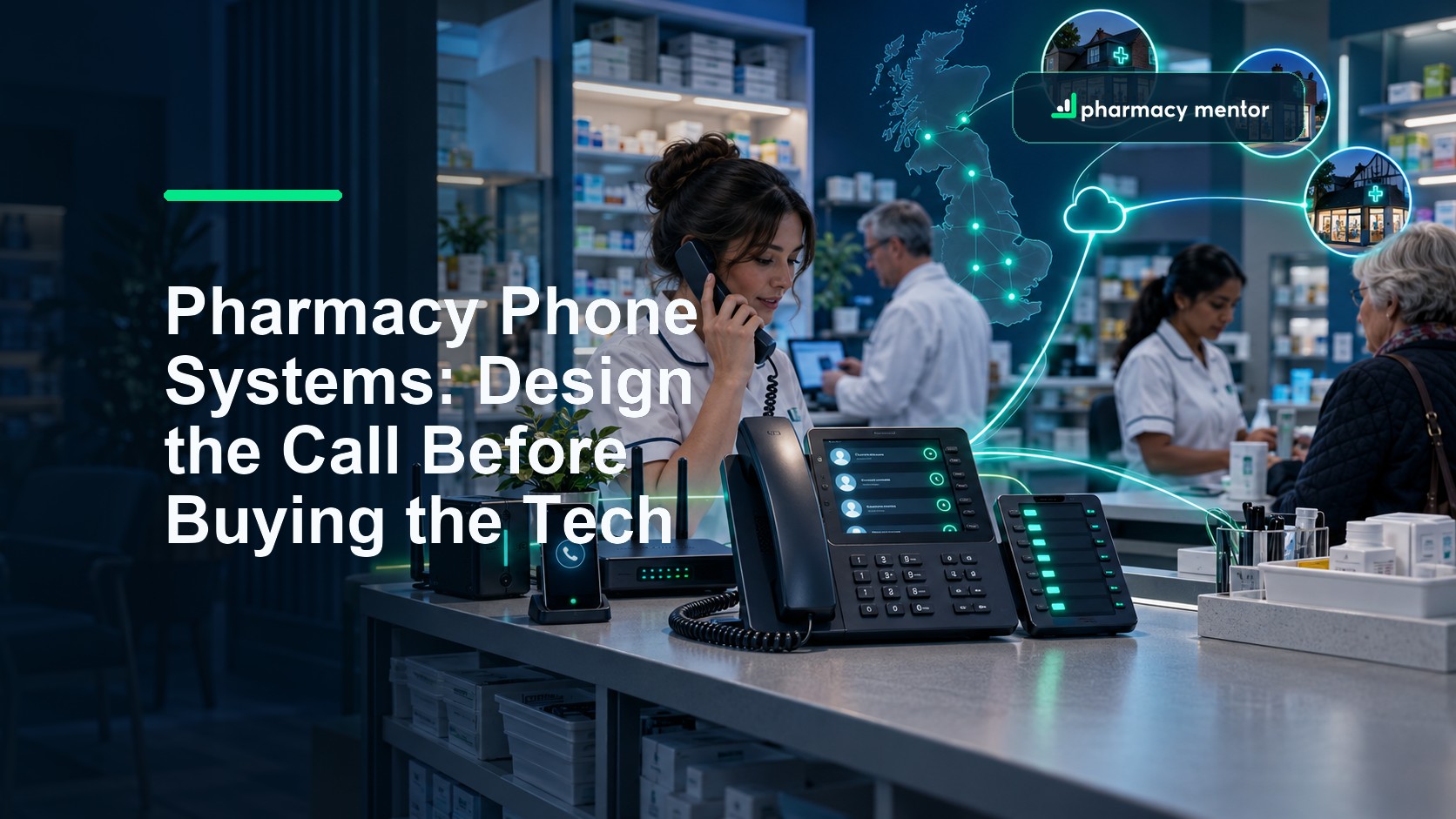 Pharmacy phone system buyer guide showing community pharmacy call routing, branch connections, internet equipment and mobile failover, with Pharmacy Mentor logo