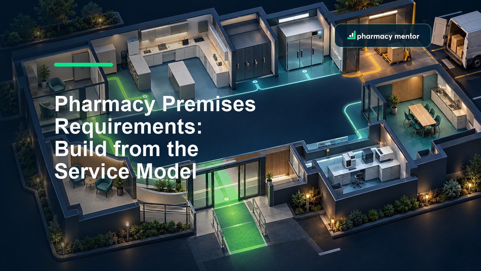 Pharmacy premises requirements guide showing an isometric service map with accessible entrance, consultation room, dispensary, secure storage and delivery route, with Pharmacy Mentor logo