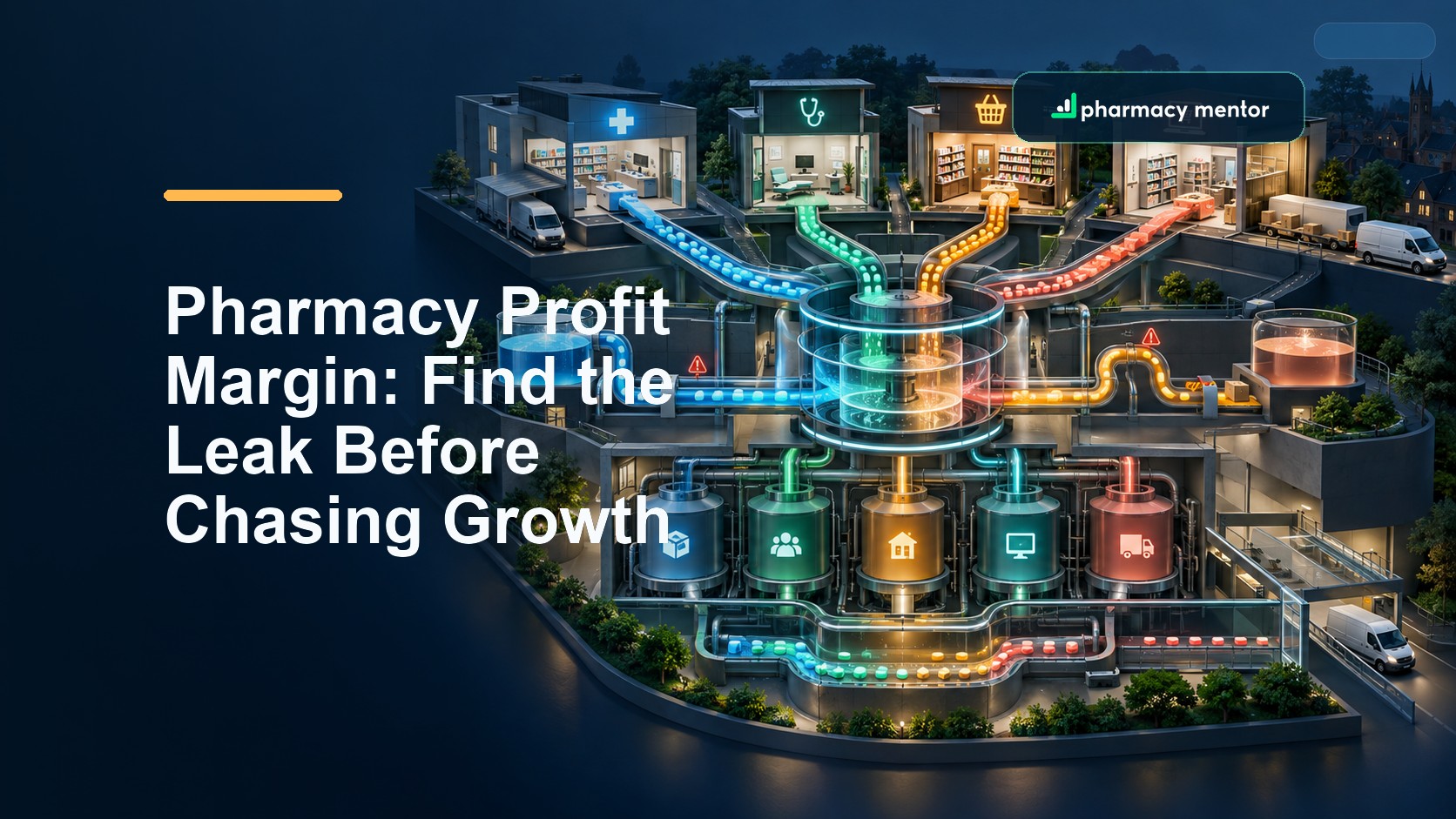 Pharmacy profit margin guide with an illustrated operating model connecting dispensing, services, retail and online demand to stock, people, premises, technology and delivery costs, with Pharmacy Mentor logo