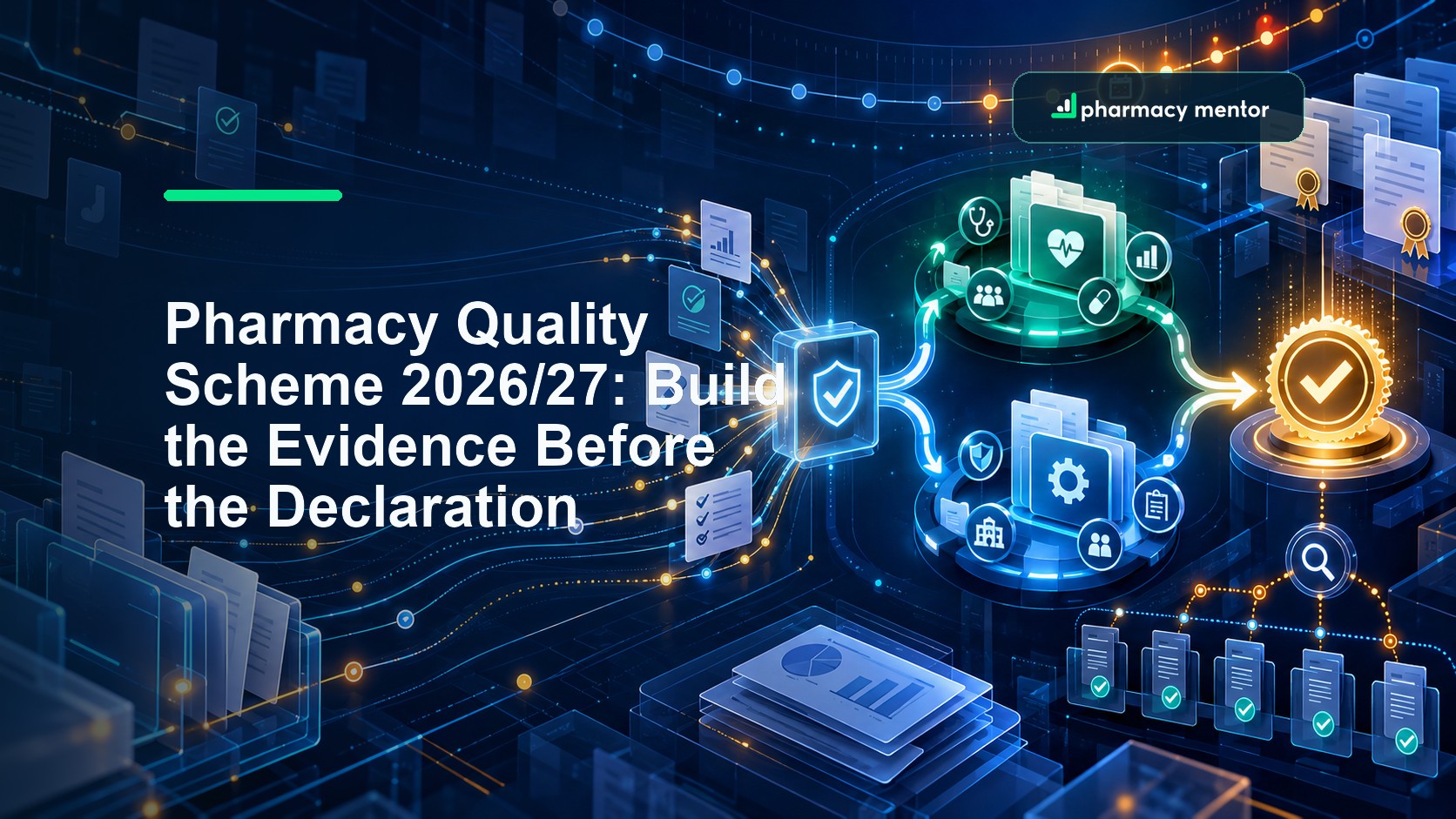 Pharmacy Quality Scheme 2026/27 guide showing gateway evidence, two quality domains, deadline control and a verified declaration, with Pharmacy Mentor logo