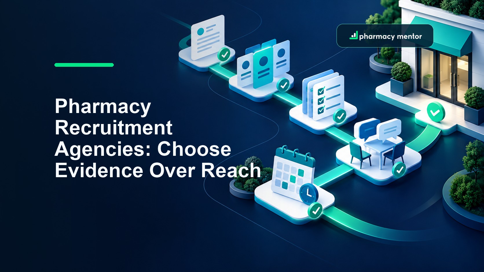 Pharmacy recruitment agencies buyer guide with an illustrated role brief, candidate comparison, verification, interview and appointment pathway, with Pharmacy Mentor logo