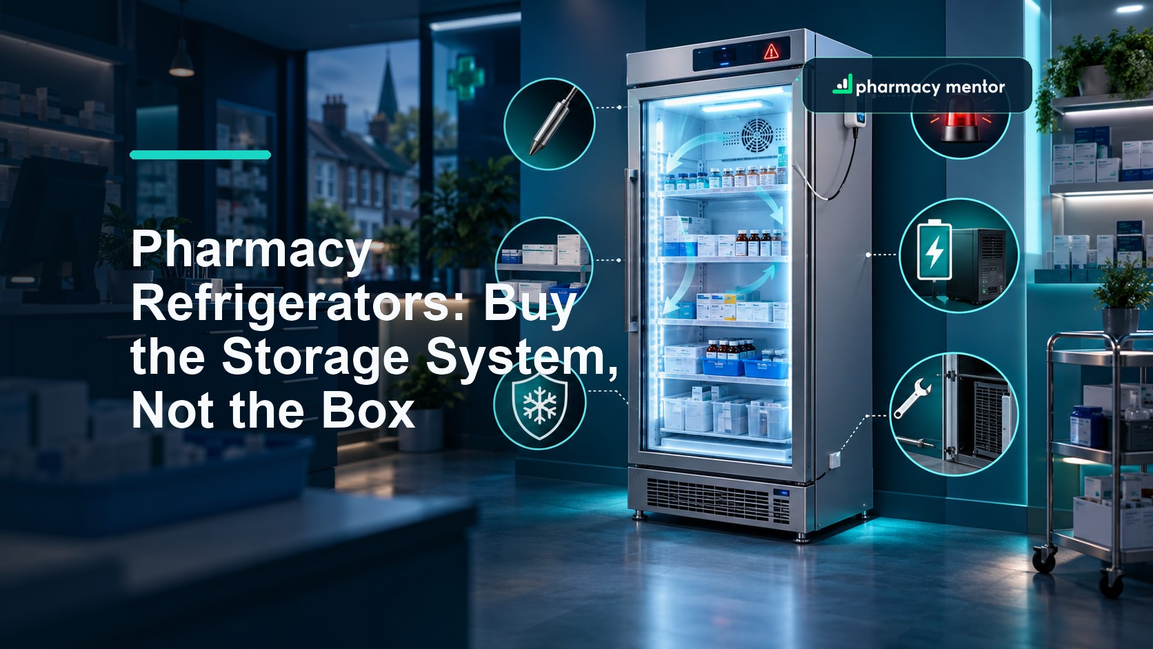 Pharmacy refrigerator buyer’s guide showing a purpose-built medicines fridge, airflow, probe, alarm, backup power and maintenance controls, with Pharmacy Mentor logo