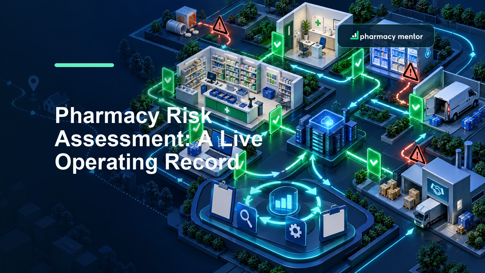 Pharmacy risk assessment guide with an illustrated service map connecting dispensary, consultation, cold chain, online systems, delivery, suppliers and control gates, with Pharmacy Mentor logo