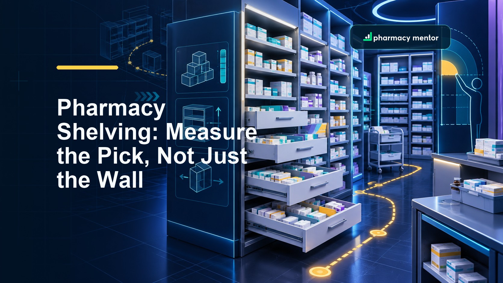 Pharmacy shelving buyer’s guide showing modular dispensary drawers, storage bays, workflow paths and ergonomic reach zones, with Pharmacy Mentor logo